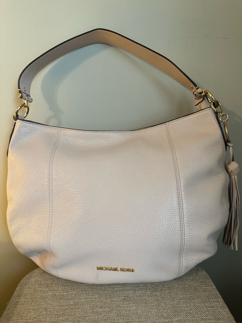 Michael Kors Brooke Light Cream Pebble Leather Hobo with Tassel Shoulder Handbag